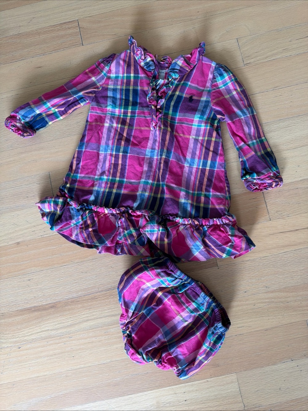 Ralph Lauren Baby Madras Plaid Dress Ruffle 9 Months Pink Preppy Cotton